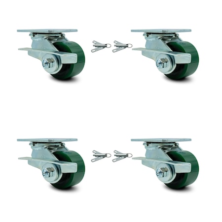 Service Caster 3.25 Inch Green Poly on Cast Iron Caster Set with 2 Brakes/Swivel Lock 2 Rigid SCC-30CS3420-PUB-GB-SLB-BSL-2-BSL-2